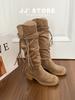New Spot Tassel Retro Wasteland Wind Boots Women's Thick Heel Thin Pleated Piled Boots Thick Sole But Knee High