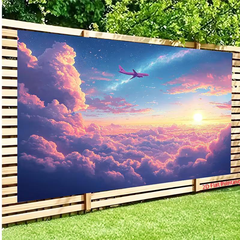 2D Dreamy Room Backdrop, Airplane Flying Over Cotton Candy Clouds At Sunset Background