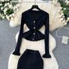 Two Piece Business Set Women Outfits Long Sleeve Tunic Cropped Cardigan High Waist Bodycon Fishtail Skirt Suit Fashion Knitted Sweater Suit