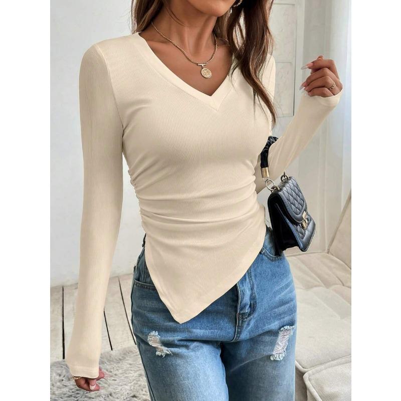 Spring and Summer New V-neck Off-shoulder Two-wear Design Slim-fit Pleated Irregular Long-sleeved T-shirt