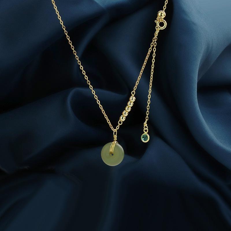 

S925 Sterling Silver Hetian Jade Safety Buckle Necklace with Retro Tassel Pendant and Adjustable Clavicle Chain for Women 925 Silver