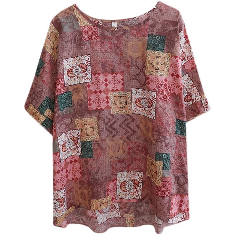 Summer Ladies Floral Printed Plus Size Blouse Casual Loose Bat Sleeves Round Neck Top for Women