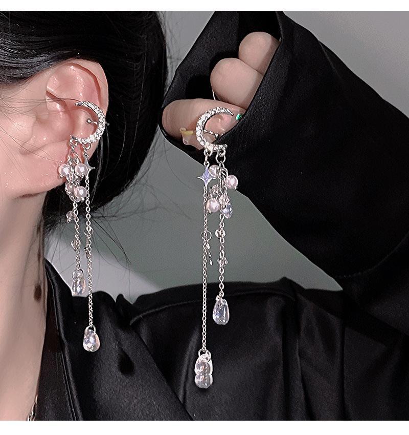 Silver Needle Star & Moon Tassel Ear Clips: Shiny Zircon, Sweet & Cool Style, Non-Pierced