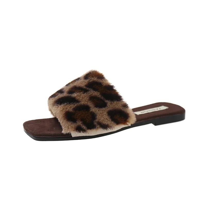 

Модная женская обувь 2025 Высокое качество Открытый носок Женские тапочки Теплые Повседневные тапочки Женские Квадратный носок На плоской подошве с обувью Женские Zapatos 40 леопардовый