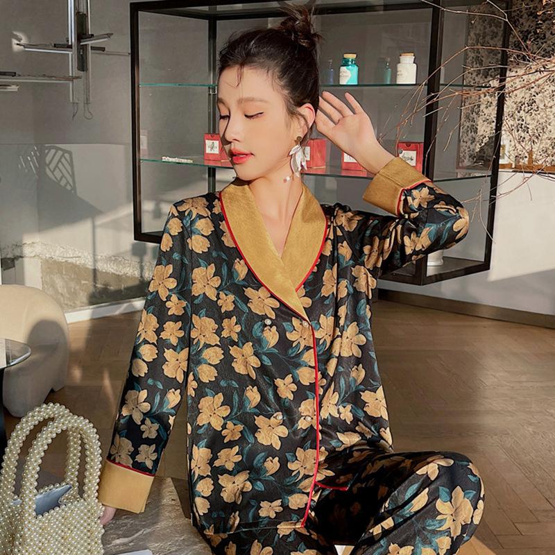 Ice Silk Lounge Wear Women's Pajamas Set Printed Lounge Clothes Long Sleeve Pants Set Loose Pajamas 2 Piece Pajamas Set