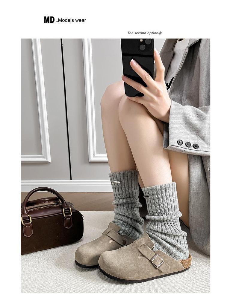 Boken 2024 Autumn Women's Genuine Leather Cork Mule Slippers: Closed-Toe Cow Suede, Flat Bottom, Outdoor Wear.