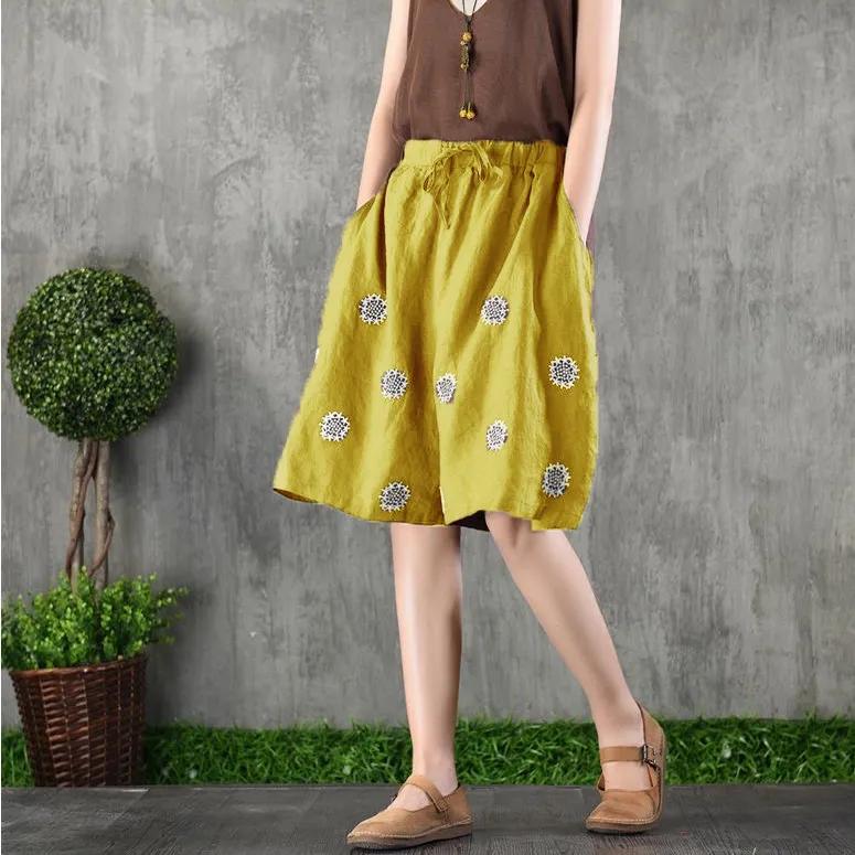 Summer New Cotton Linen Vintage Printing Half Length Pants Ladies Loose Casual All-match Fashion Lace Up Wide Leg Shorts Women