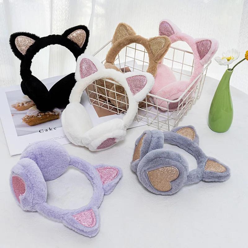 Winter Warm Plush Earmuffs for Women Girls Children Riding Ski Ear Protection Cartoon Cat Ear Cover Glitter Earflap Fur Soft
