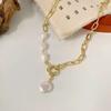 1pcs Gold-color Necklace Hip Hop Style Faux Imitation-pearl Pendant Handmade Curved Needle Sewable Fashion Jewelry