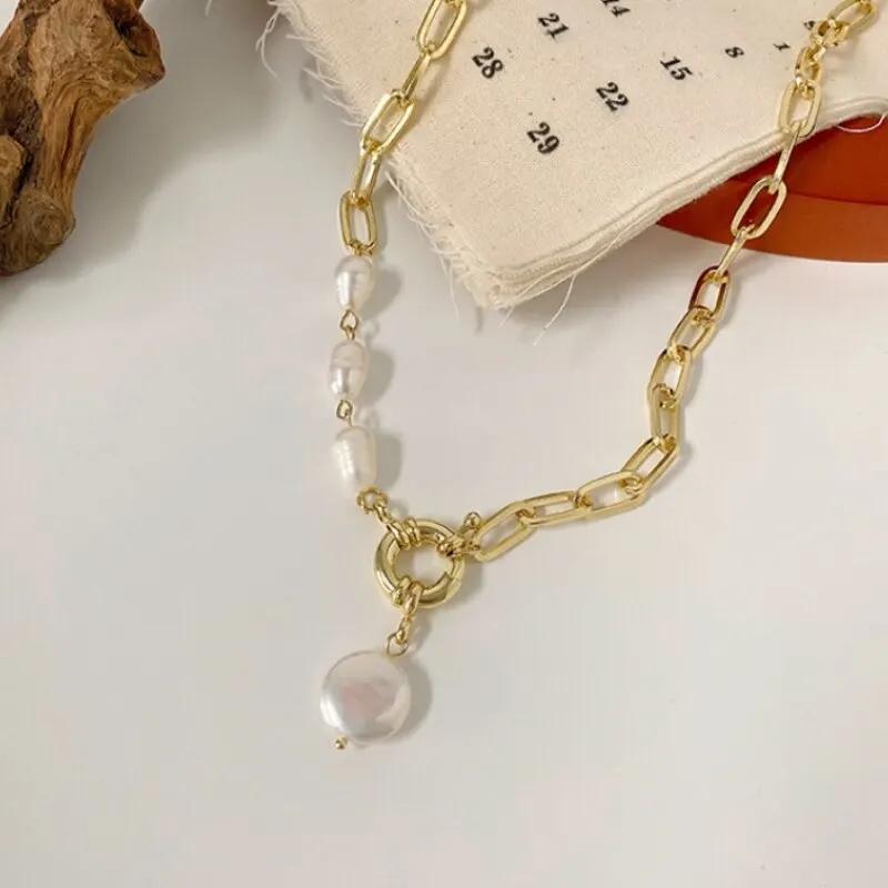 1pcs Gold-color Necklace Hip Hop Style Faux Imitation-pearl Pendant Handmade Curved Needle Sewable Fashion Jewelry