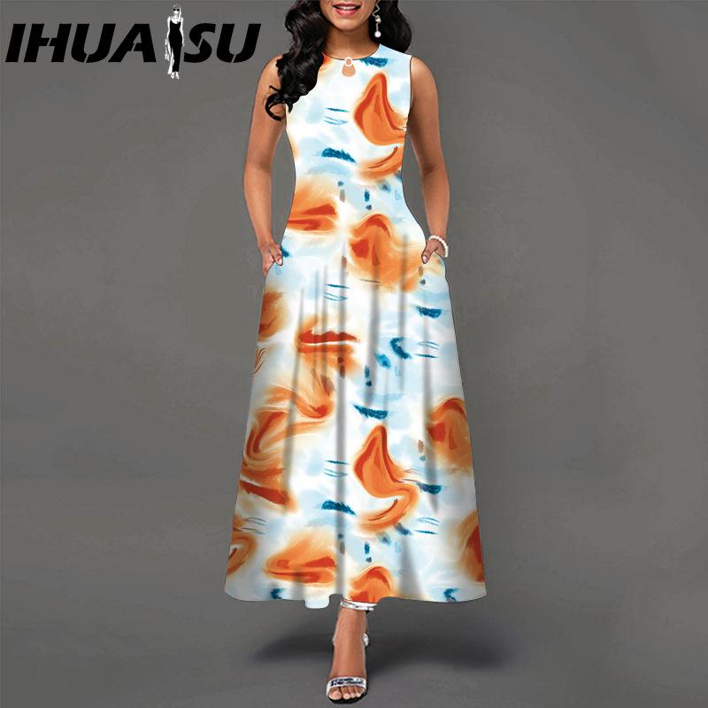 IHUASU 48 Farben Neues Damen Lockeres Vintage Blumenmuster Rüschenkleid Befree Kleid Großes Sommerparty Tanktops Elegante Maxikleider