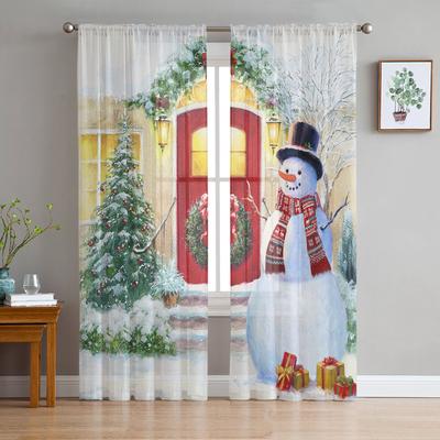 Christmas Window Curtain Snowman Houses Tulle Curtain Sheer Valances Curtains For Living Room Home Decoration Drape Panel
