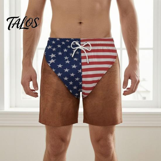 Mens Elastic Waist Swimsuit Funny Patriotic Men Shorts, American Stars And Stripes Swim Trunks, Quick Dry Board Shorts Drawstring for Summer