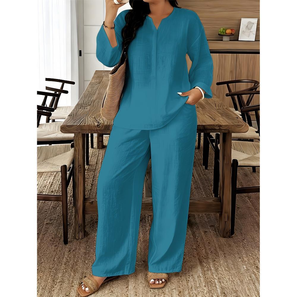 1116 European and American Geometric Printing V-neck Shirt High Waist Drape Wide Leg Pants Complete Set of Women's Clothing