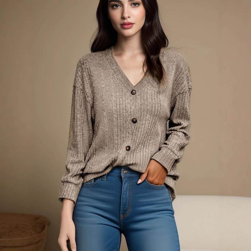 Knitted Button Sweater Casual Long Sleeved Top Khaki 2XL