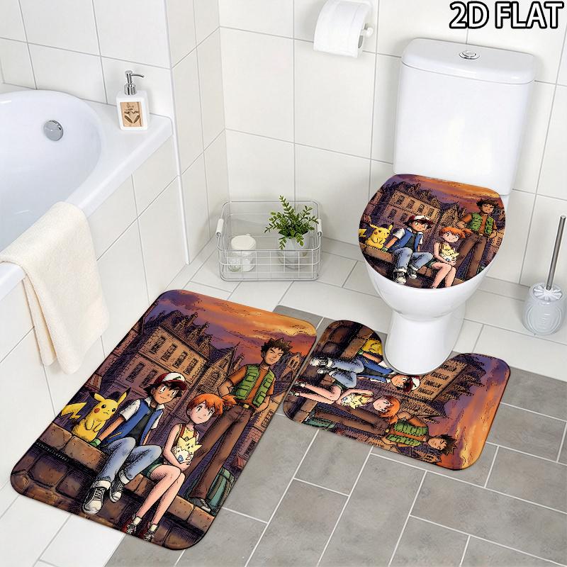 3pcs Ash Ketchum Pikachu Art Pattern Flannel Nonslip Absorbent Washable Decorative Bathroom Home Toilet Seat Cover Mat