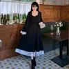 Langarm-Kleid für Damen, elegant, Schwarz, Allgleiches, Frühling, quadratischer Kragen, Vintage-Verband, Hepburn-Patchwork-Design