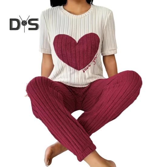 

2 шт./комплект, женская зимняя пижама, круглый вырез, узор в виде сердца, короткий рукав, домашняя одежда, топ, штаны, комплект, свободная домашняя одежда, женская ночная рубашка S красный