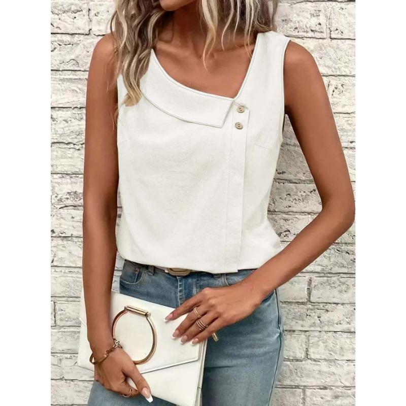 Summer new women's casual slope collar sleeveless regular pullover multi-color women's tops T-shirt