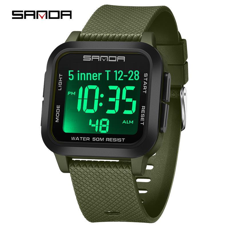 SANDA Leichte Unisex Quadratische Sportarmbanduhr – Leuchtend, Wasserdicht, Elektronischer Timer dunkelgrüne
