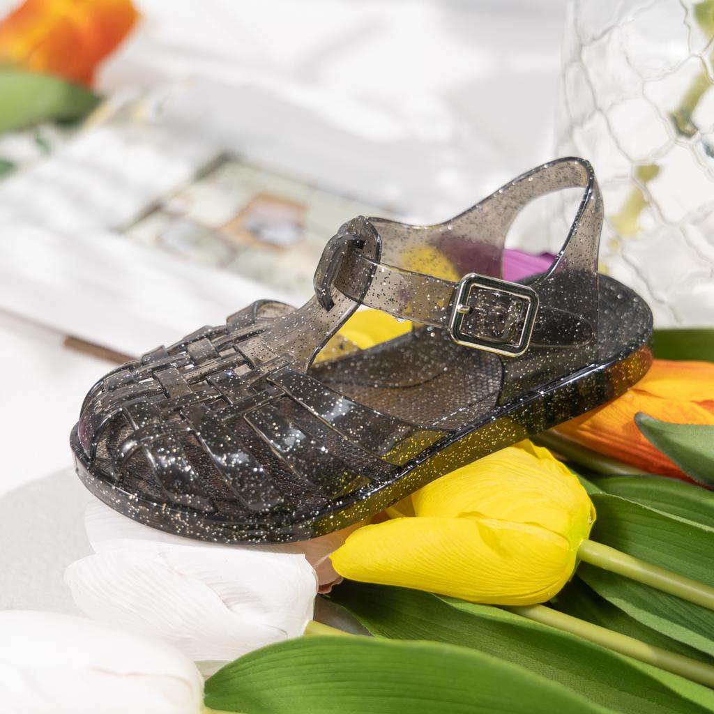 Sandali da Bambina in PVC Glitterato Gelatina Chiusura a Fibbia Scarpe Estive da Spiaggia Retro Intrecciate Traforate per Bambini Piccoli