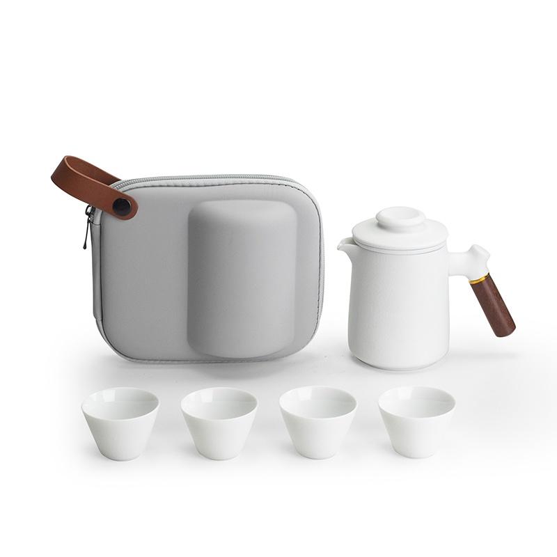 Ceramic Quick Tea Set with One Pot and Four Cups, Wooden Handle Teapot, Portable Bag