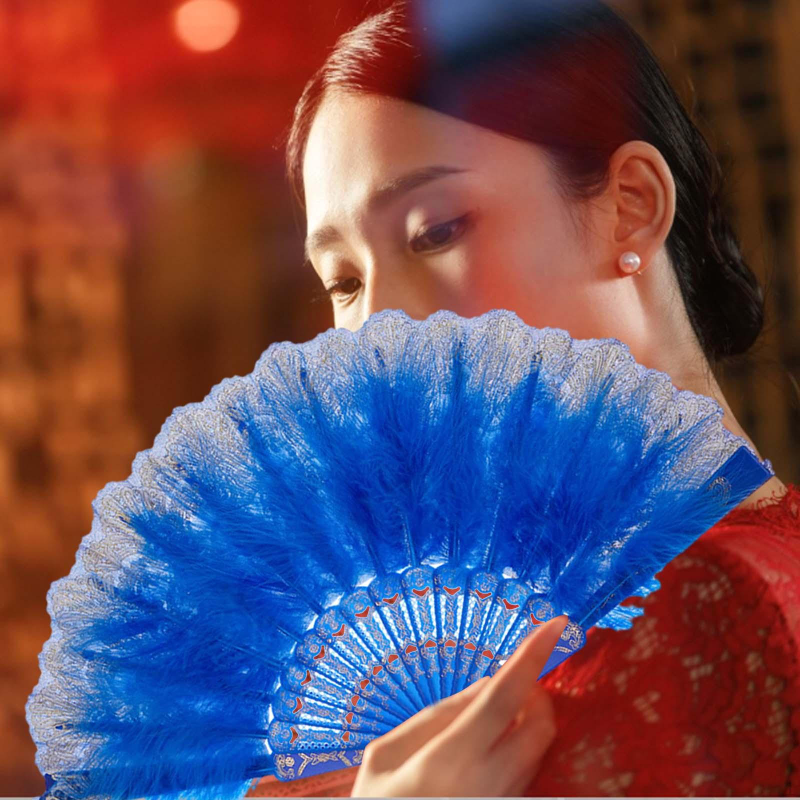 

Веер из перьев, элегантный ручной вышитый цветок, складной реквизит, портативный портативный компьютер для выпускного вечера синий