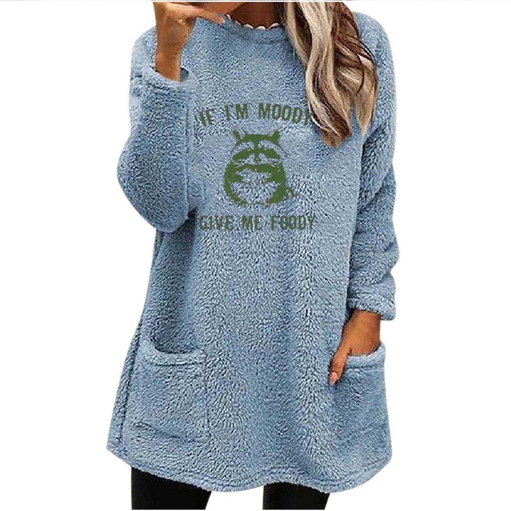 Autumn/Winter Women's European & American Printed Casual Loose Round Neck Long Sleeve Plush Hoodie with Pockets