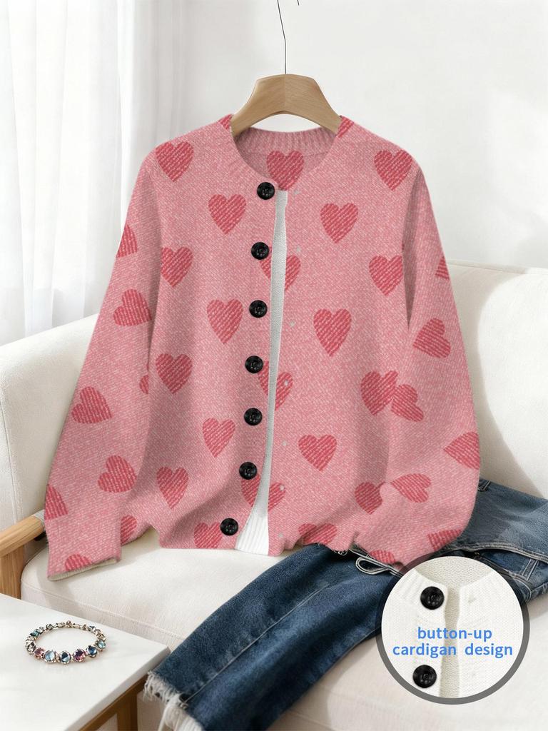Spring Digital Print Cardigan: Valentine's Day Loose Knit Women's Fashion Top
