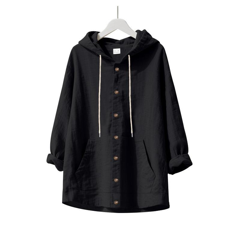 Camisa Holgada de Primavera Otoño para Hombre Lino Suelta Casual Sencilla con Capucha Manga Larga Forro Botonadura Sencilla