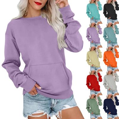 Damen Warm Mode Lässig Langarm Rundhals Tasche Sweatshirt Oberteil