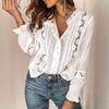 Women's White V-Neck Lace Blouse with Ruffles and Button Front