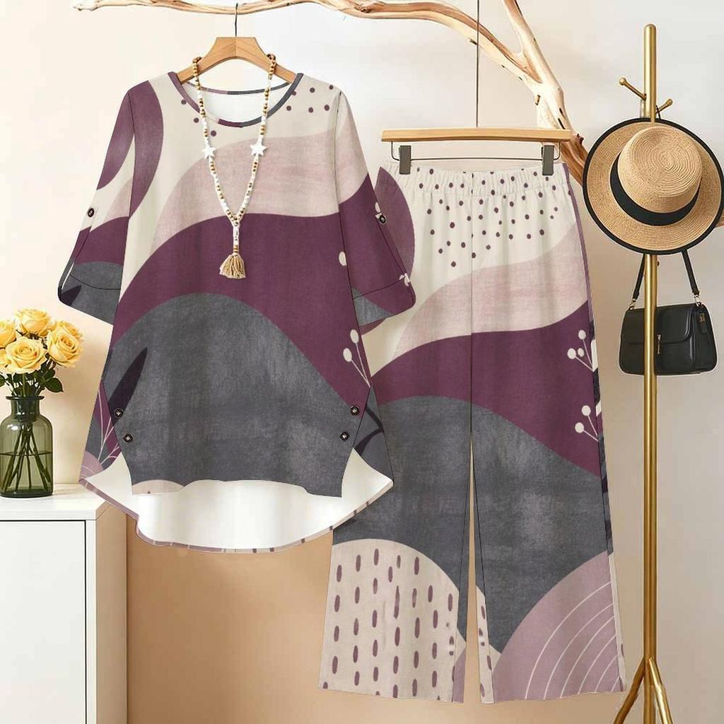 Women Plus Size Printed Two Piece Set Round Neck 3 4 Sleeve High Low Top And Wide Leg Pants