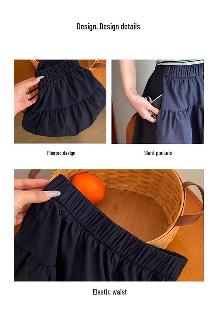 Women's Navy Blue High-Waisted A-Line Skirt, Slimming & Anti-Exposure, Tiered Japanese Academy Style, Half-Length Short Skirt