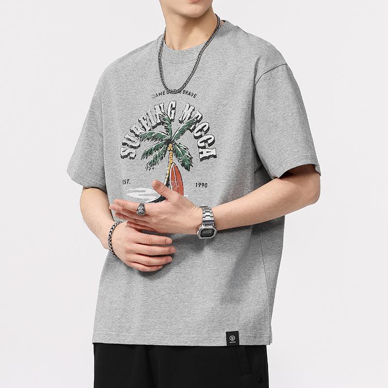 Summer Thin Beach Coconut Tree Vacation Short-sleeved T-shirt Men's Summer Loose Round Neck T-shirt Short-sleeved