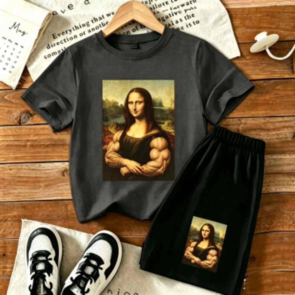 Muscular Woman Printed 15 Colors Outdoor Street men's T-shirt and Shorts 2 Piece Set Summer Home Casual Outfit Men and Women's Sports Set