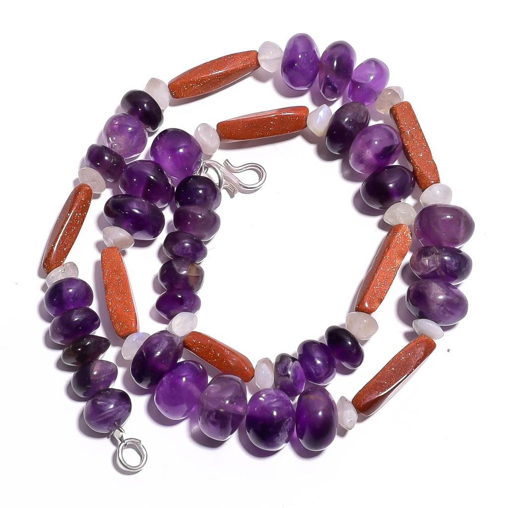 Natural Amethyst Golden Sandstone Moonstone Gemstone Beads Necklace 17" UB-4203 UB-4203