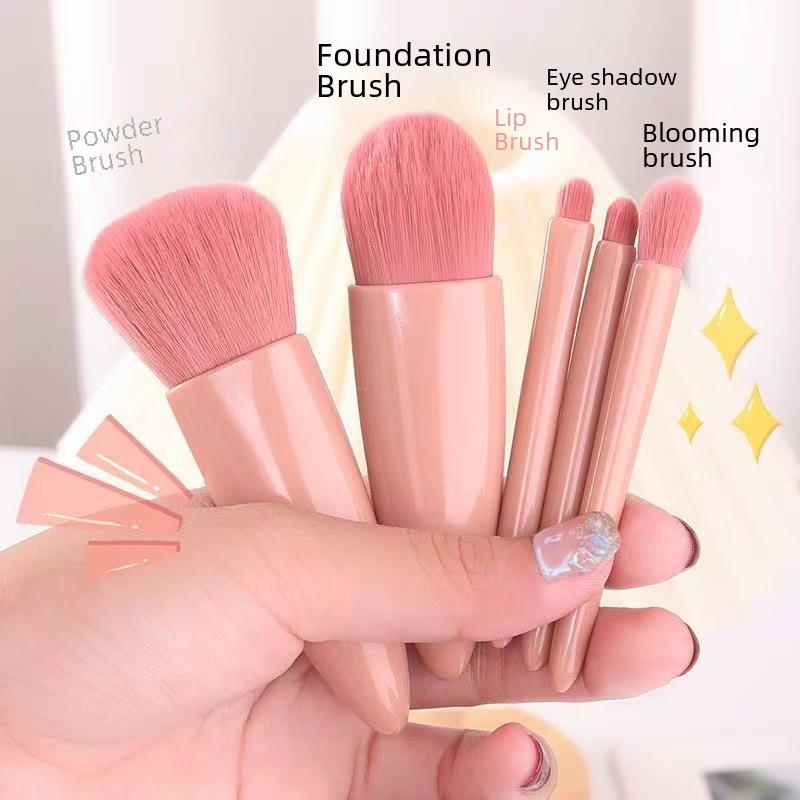 5-Piece Portable Makeup Brush Set with Mirror - Multifunctional Beauty Tool for Powder and Blush