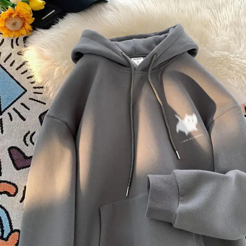 Korean Style Loose Fit Unisex Cat Print Hooded Sweatshirt For Autumn Winter