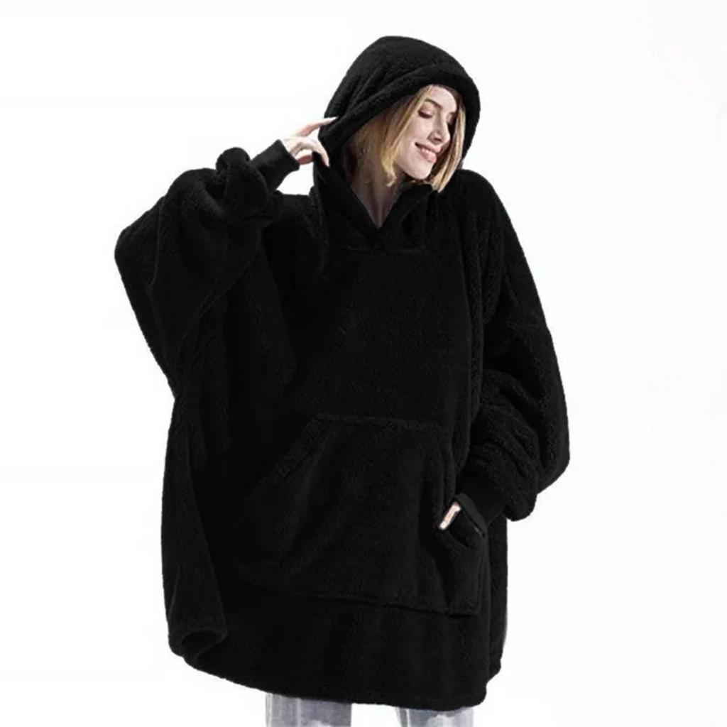 Women Warm Hooded Outerwear Solid Elegant Soft Double Fleece Jacket Unisex Pocket Pullover Long Hoodies Home Wear