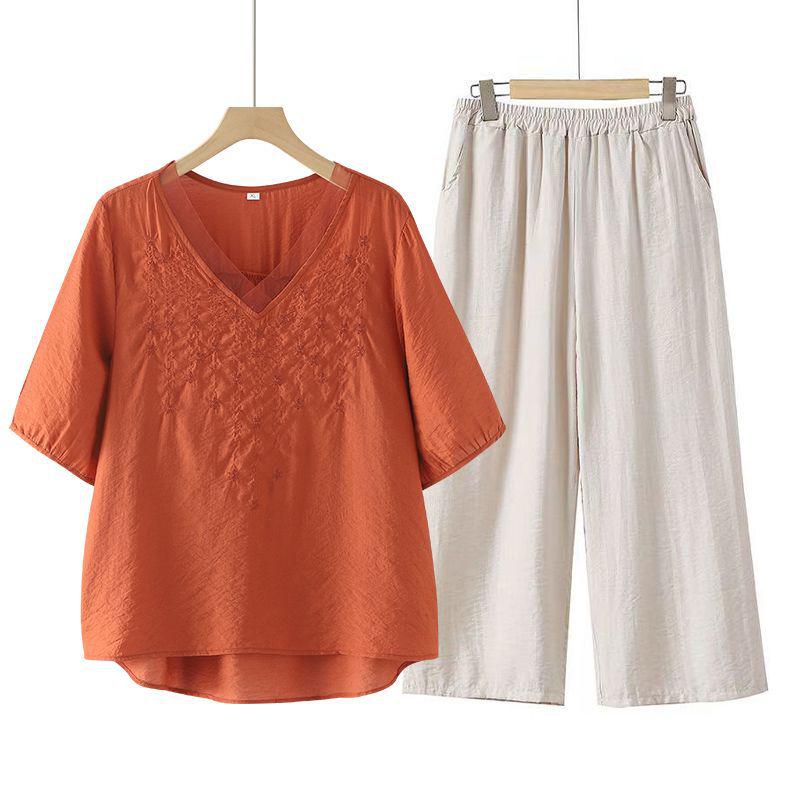2026 Women's Embroidered Lace V-Neck Suit with Pants and T-Shirt for Summer
