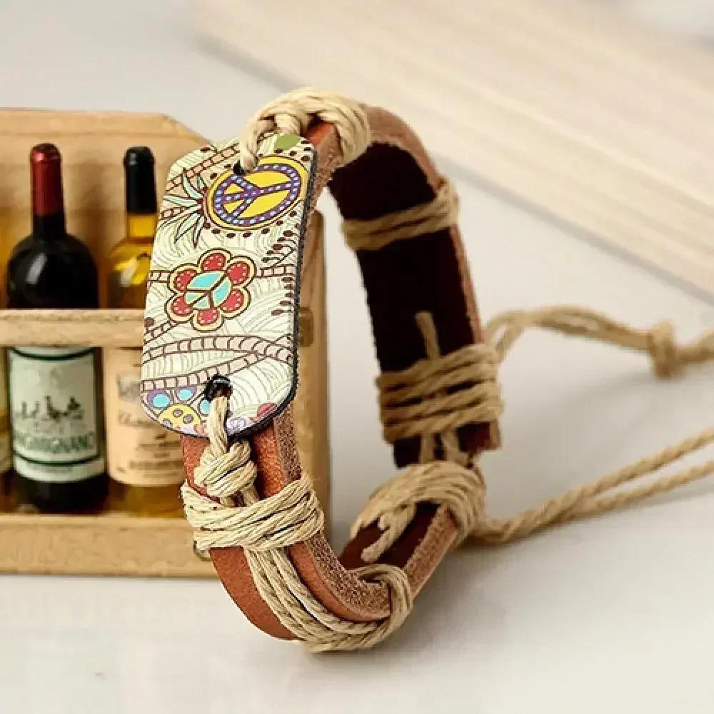 Men Vintage Punk Style Pyrograph Peace Sign Infinity Bangle Bracelet Leather Bracelets Stainless Steel Multilayer Braided Rope