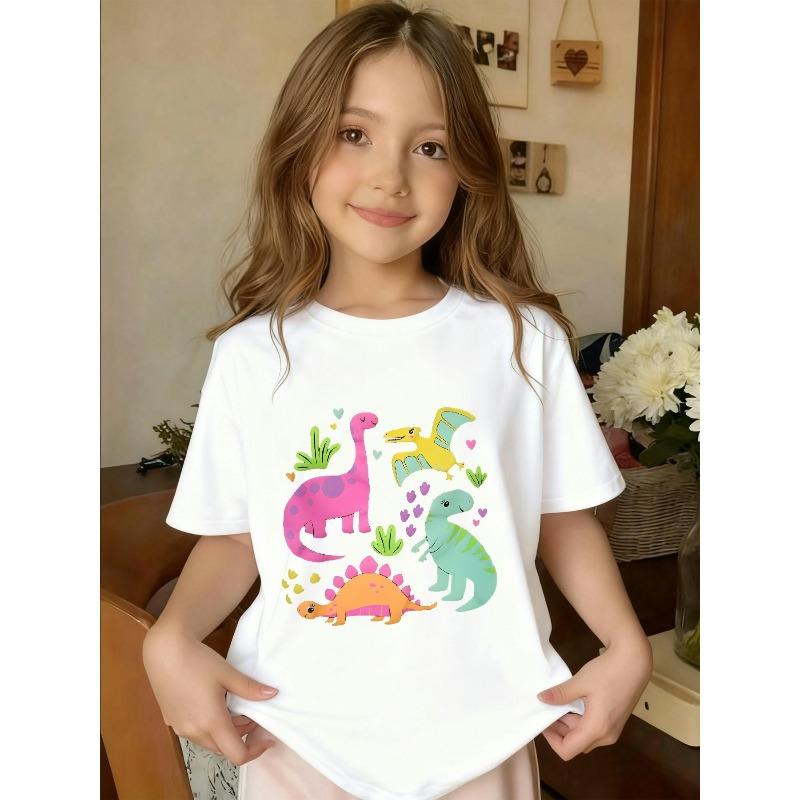 European Size Girls Round Neck Short Sleeved T Shirt with Cartoon Dinosaur Pattern