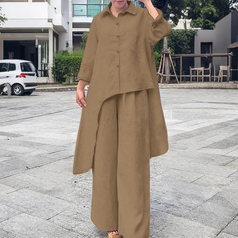 ZANZEA Women Long Sleeve Irregular Blouse and Pants Casual Two Piece Suit Sets