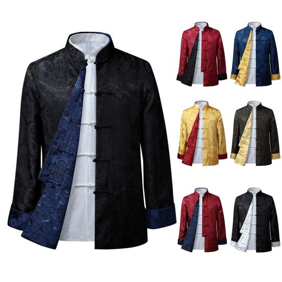 Tang Suit Coat Retro Long Sleeved Reversible Chinese Style Traditional Clothing Keep Warm Stand Collar Vintage Chinese Shirt for Daily Life