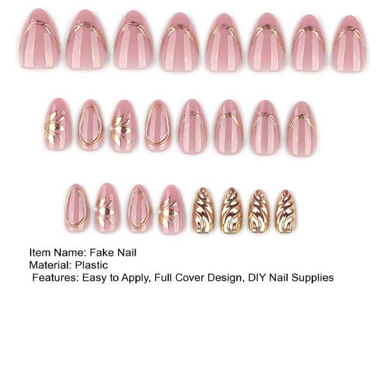 24Pcs Golden Cat Eyes Press On Nails, Nude Pink Almond Stick-on Fake Nails for Women, Removable Full Cover Glue On False Nails