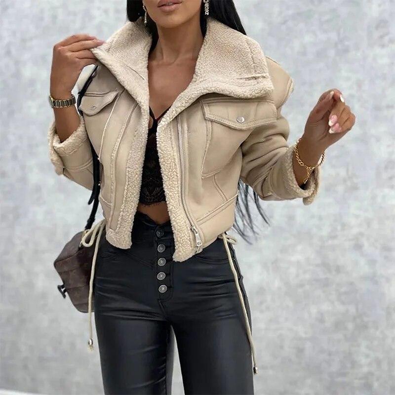 Abrigo corto de lana de cordero con solapa para mujer, chaqueta de mujer con cremallera de doble cara para otoño e invierno, Tops gruesos y cálidos de lana para mujer, prendas de vestir