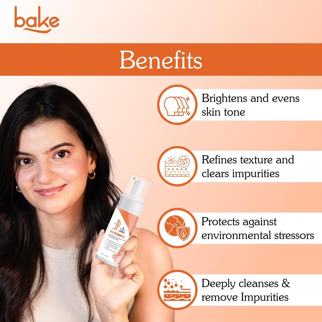 BAKE 5% Vitamin C Foaming Face Wash with Niacinamide | Brightening Face Wash for Pigmentation, Dark Spots & Uneven Skin Tone | Antioxidant Rich Cl