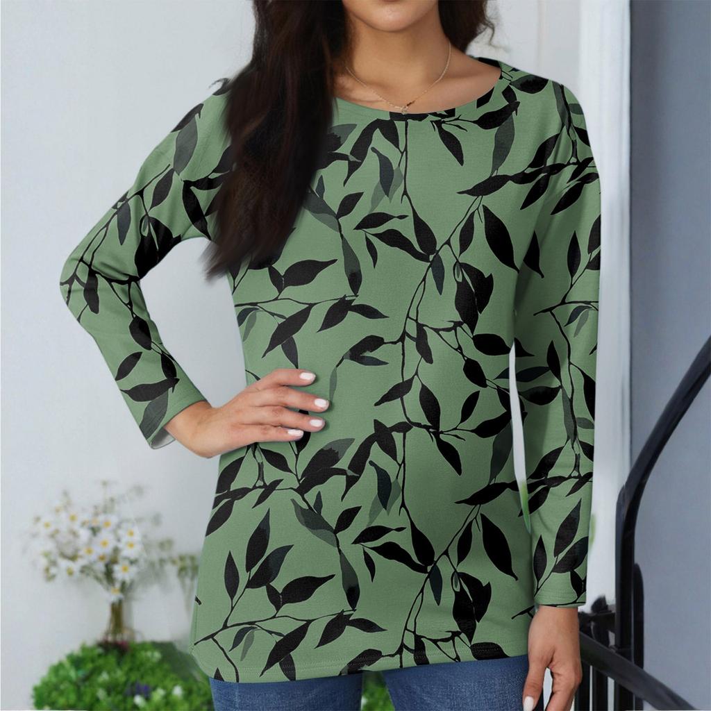 Women's Fashionable Casual Printed Long Sleeved Round Neck Top Round Neck Top Top