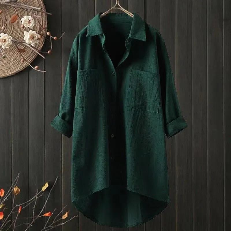 

Women s Cotton and Linen Shirt Spring and Autumn Shirt Women s Jacket Cardigan Double Pocket Long-sleeved Top S зелений